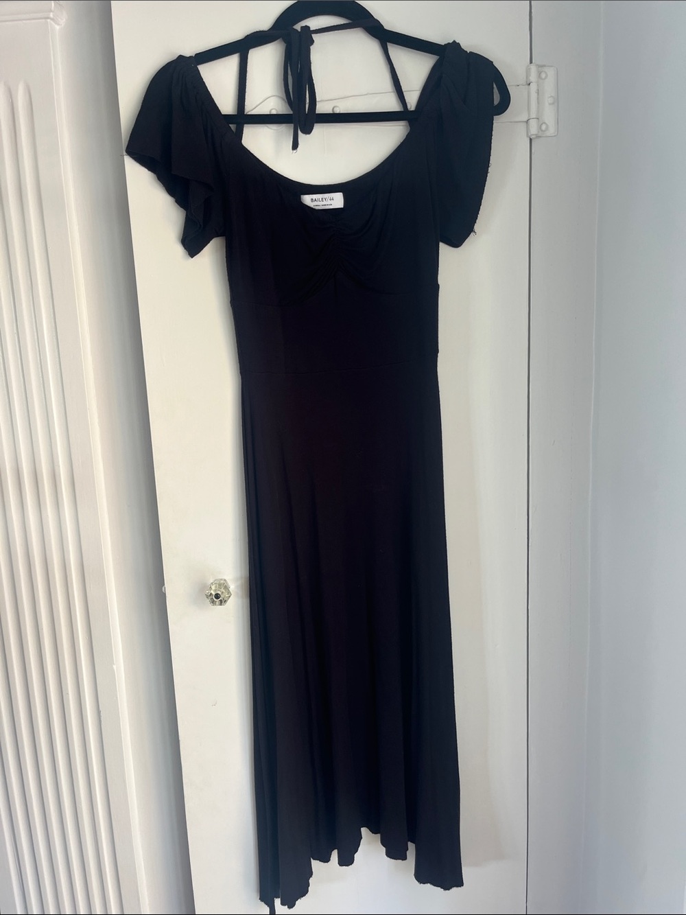 Bailey 44 Black Midi Dress with Flutter Sleeves and Halter Tie